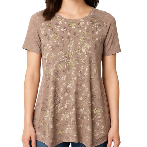 LOGO Lori Goldstein Shark Bite Pointed Hem Floral Print Short Sleeve Tunic Shirt - Picture 1 of 9